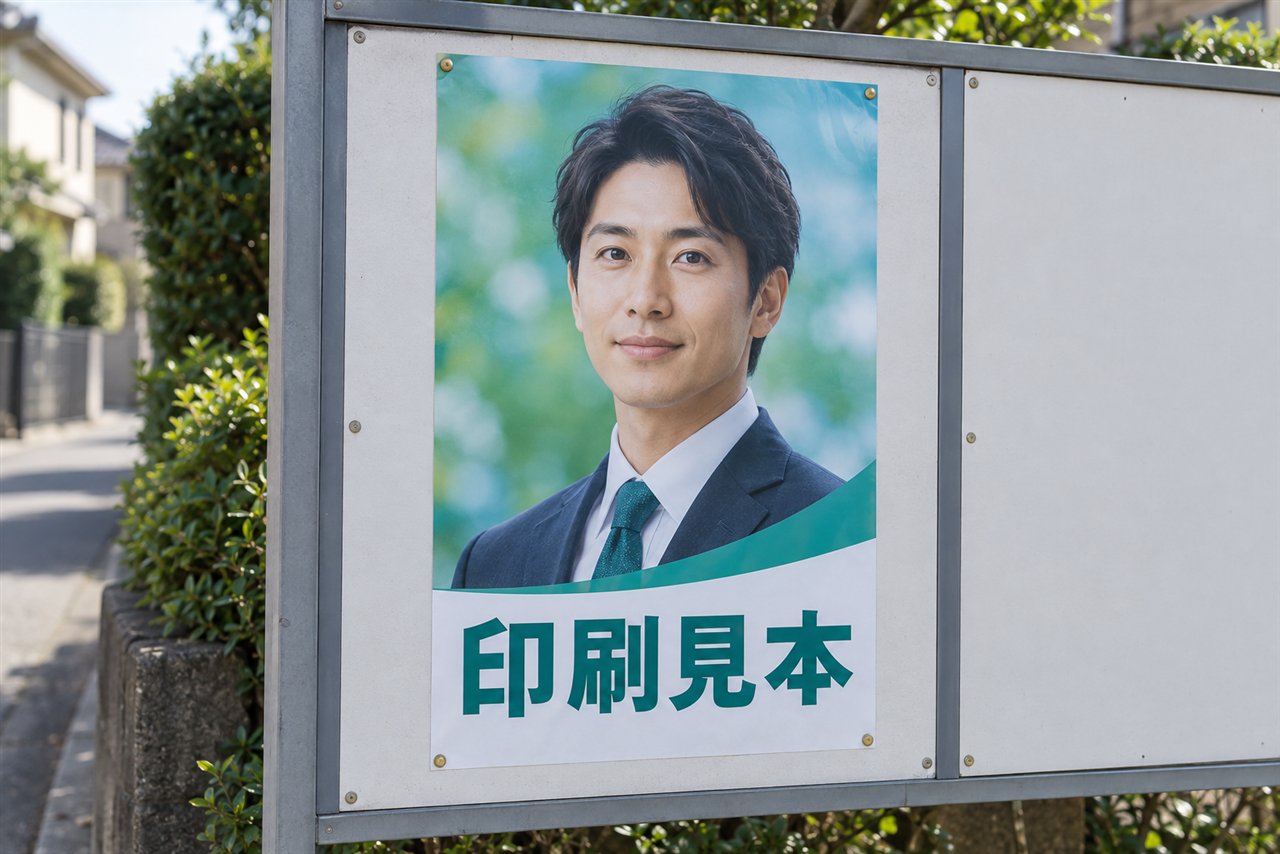 選挙ポスターの印刷見本と屋外掲示板のイメージ